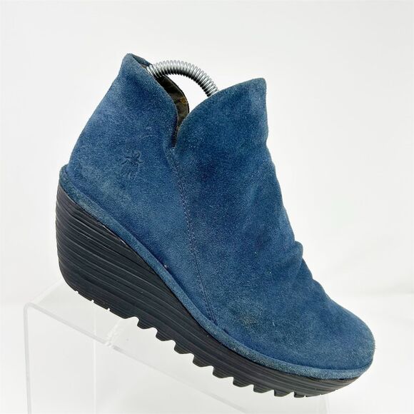 Fly London Navy Blue Suede Platform Wedge Ankle Booties Size 39 (US 8-8.5) - Picture 1 of 13